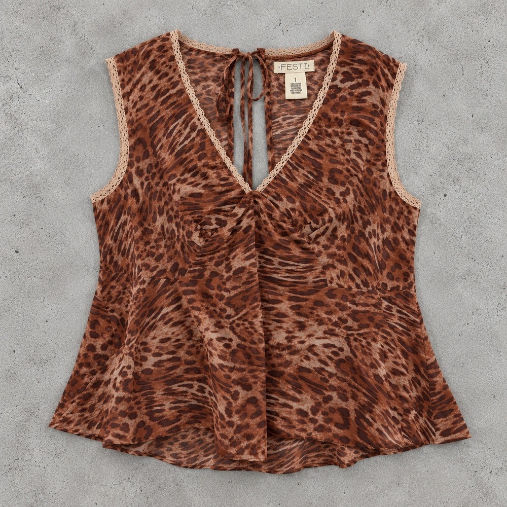 Festi by Torrid Cotton Tie-Back Lace Trim Leopard Tank Top Plus Size 1X Babydoll
